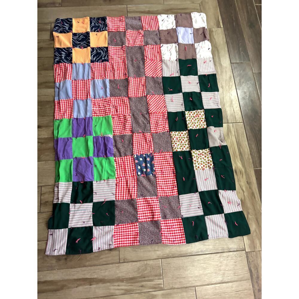 VTG Colorful Patchwork Handmade‎ Quilt Throw Wall Decor 64"x44" Reversible 1970s